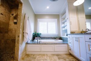 Luxurious bathroom with soaking tub and shower.